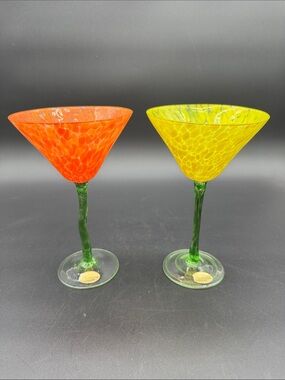 Nouveau Handblown Yellow Orange Art Glass Martini Glasses Green Stems Vintage